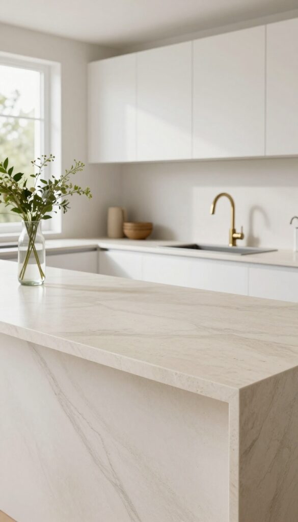 Warm cream quartz countertop with subtle veining in a bright kitchen