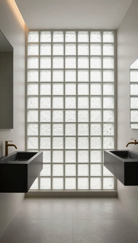 A photorealistic image of a modern bathroom knee wall shower with glass block inset diffusing natural light in a bright and airy space.