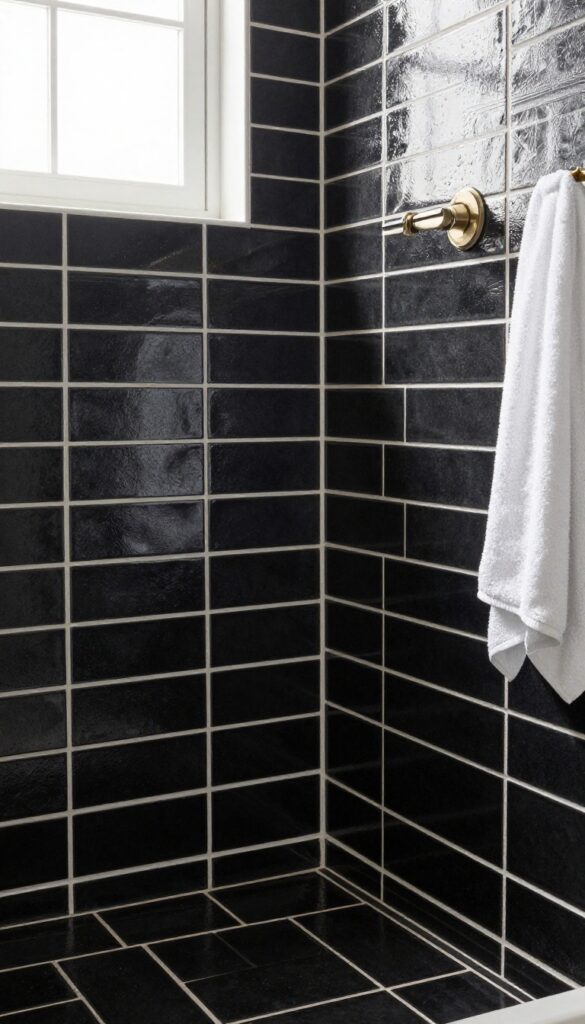 Close-up of matte black subway tiles with white grout in a shower, highlighting high contrast and clean lines for a modern bathroom design.