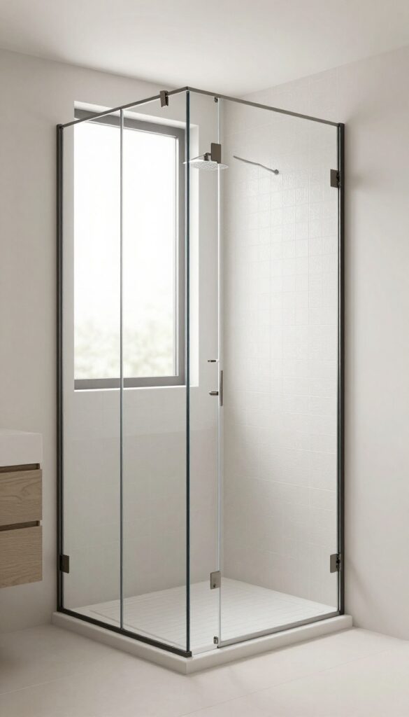 A modern bathroom with a walk-in tile shower featuring a fixed glass panel instead of a full door, showcasing clean lines and minimal hardware in bright natural light.