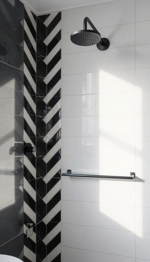 Black and white chevron pattern tile wall in a bright bathroom shower with matte black fixtures and natural light.