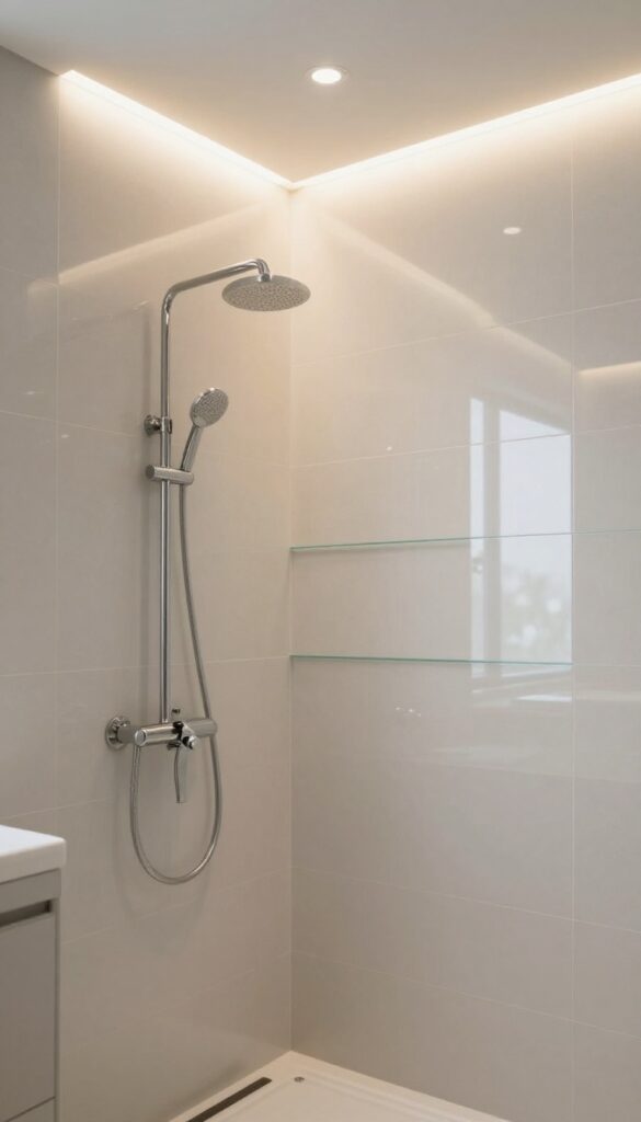 A bathroom with a pony wall shower softly lit by recessed LED lights, creating a cozy and polished ambiance with neutral tones and reflective surfaces.