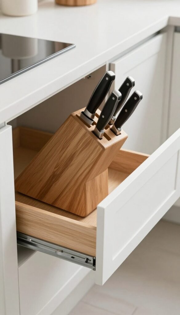 Open kitchen drawer with wooden knife block insert holding knives