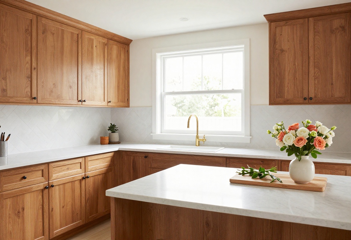 Bright kitchen with brown cabinets and white marble herringbone backsplash