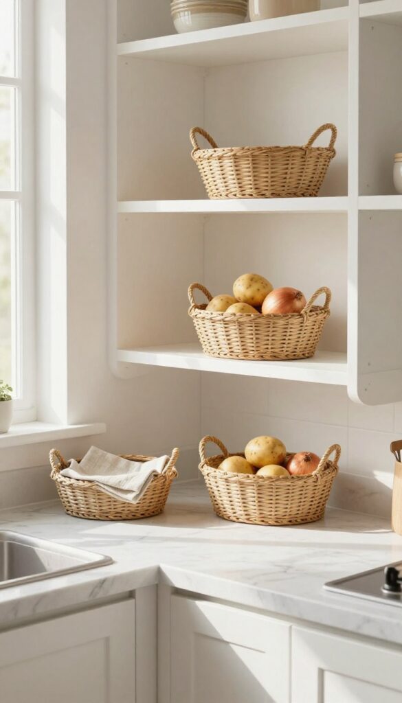 Neutral kitchen with open shelving and woven baskets for storage, natural light, warm tones.