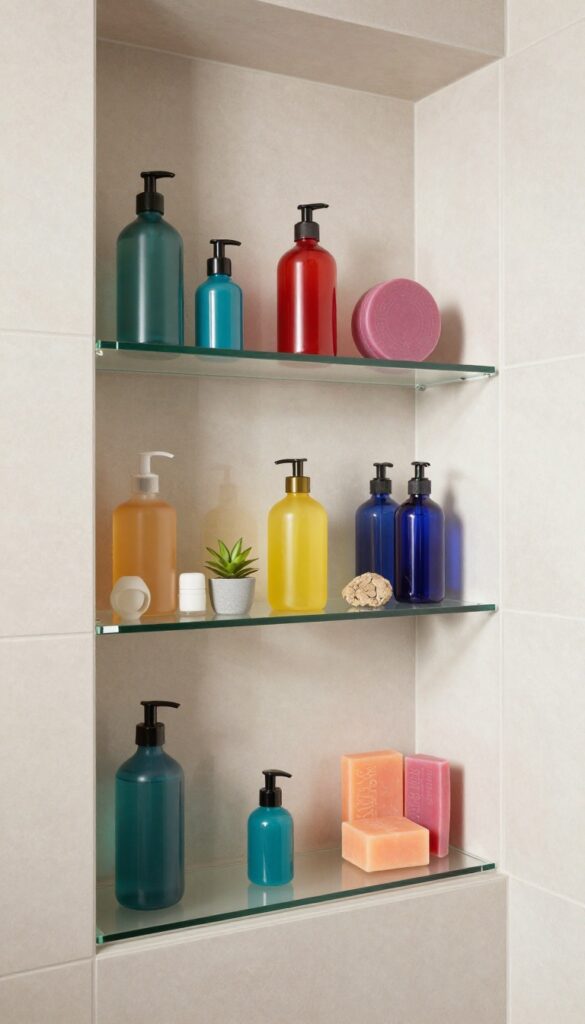 Clear glass shelves in a shower niche with colorful products arranged neatly, reflecting light to enhance brightness and create an open feel.
