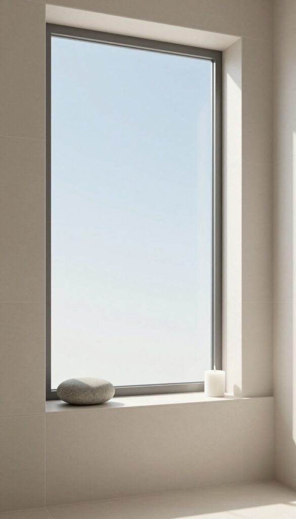 Minimalist shower window sill decor with river stone and candle in natural light