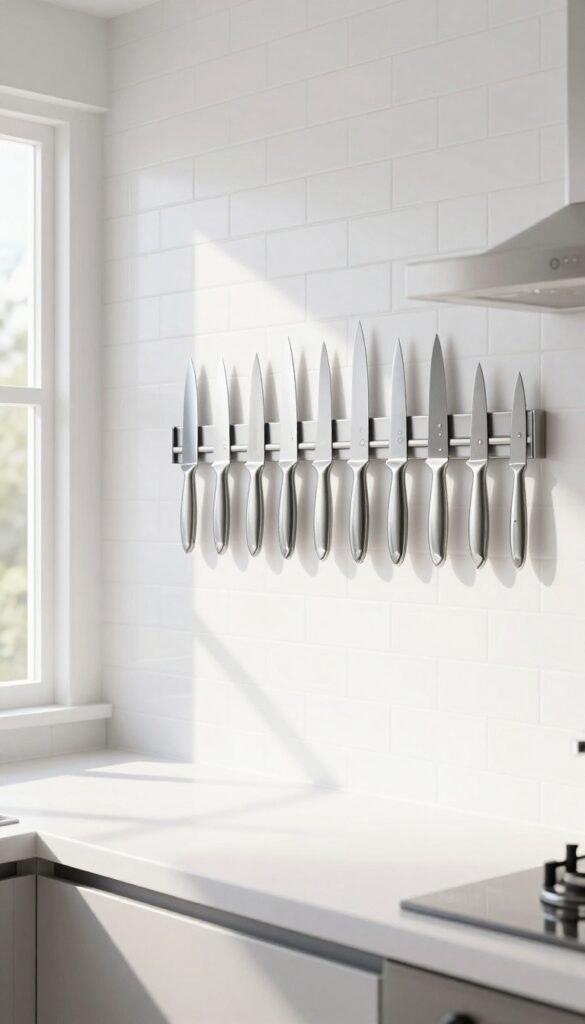 Magnetic knife strip on kitchen backsplash holding knives neatly