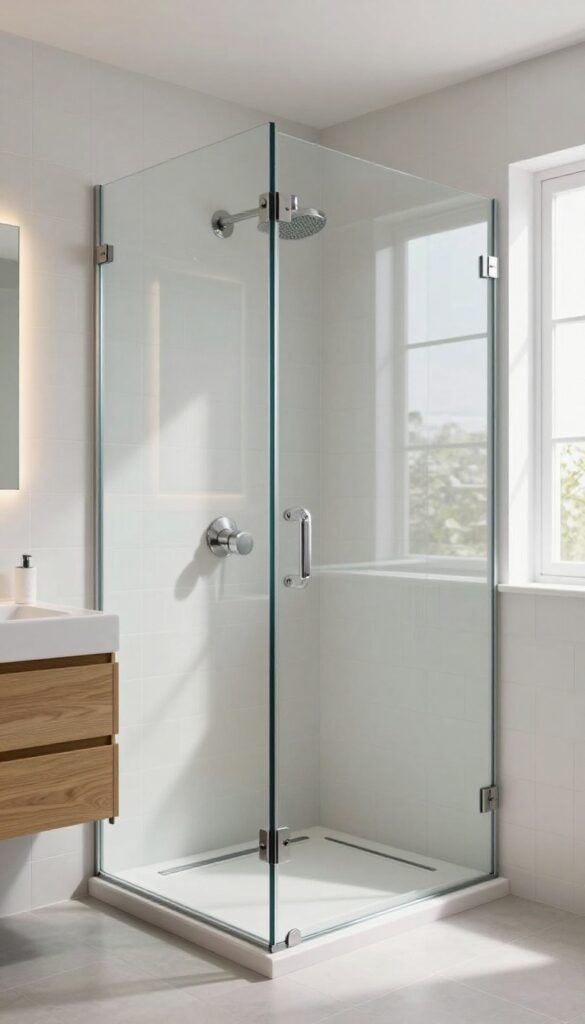Frameless glass shower panels in a small bathroom with rain showerhead and minimalist design.