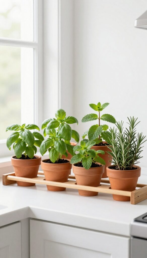 Hanging herb garden in small terracotta pots on a wooden rod against a neutral kitchen wall