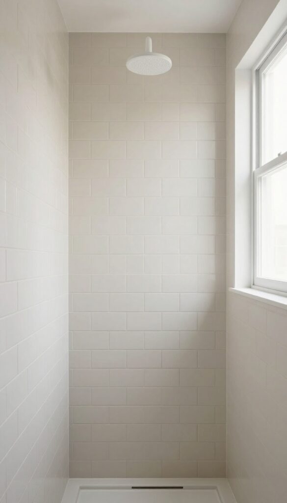 A shower with vertical stacked subway tiles in a modern bathroom, showcasing a clean and tall aesthetic with natural lighting.