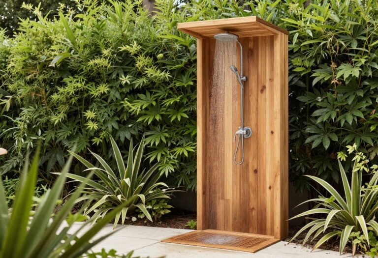 A serene DIY outdoor shower setup with wooden pallets and plants in a backyard, showcasing a simple yet stylish home decor idea.