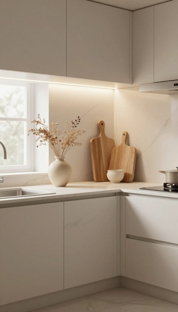 Modern beige kitchen with warm under-cabinet lighting illuminating countertops