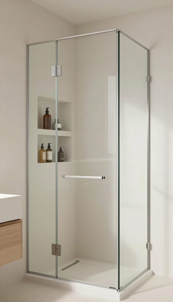 A modern bathroom shower partition with integrated storage niches holding minimal toiletries in bright natural light.