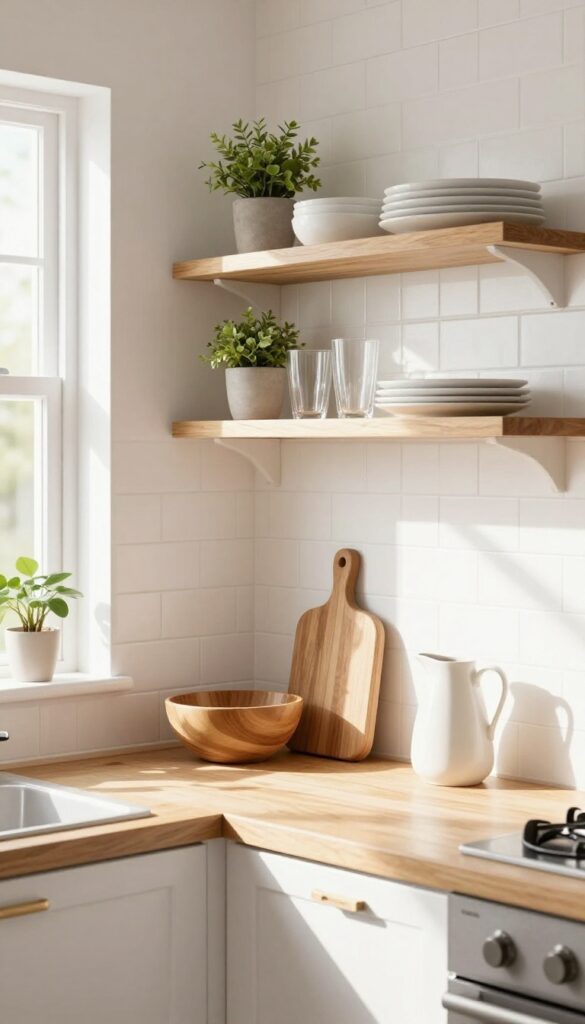 Open shelving with warm wood tones in a small kitchen, featuring white dishes and plants.