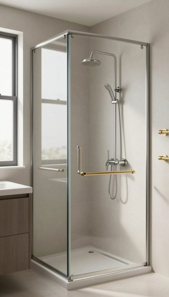 A quadrant shower room with mixed metal finishes including brushed nickel and brass fixtures in bright natural light, designed for a modern layered look.