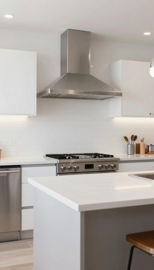 Modern kitchen island with a slim glass and stainless steel canopy vent hood, bright natural light, open-concept layout, minimalist design.