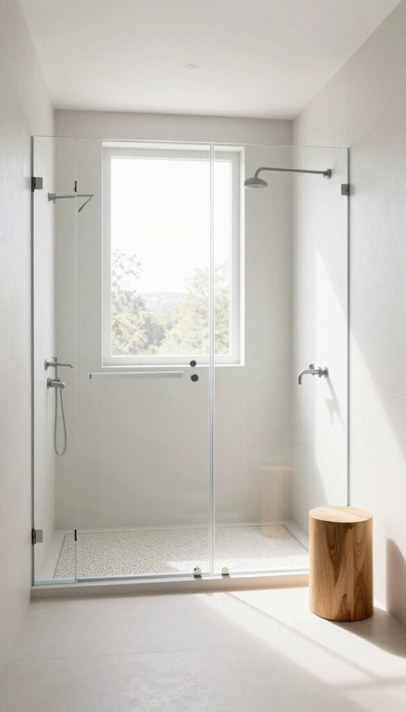 A sleek frameless glass shower enclosure in a modern bathroom with neutral tiles and natural light, creating an open and airy feel
