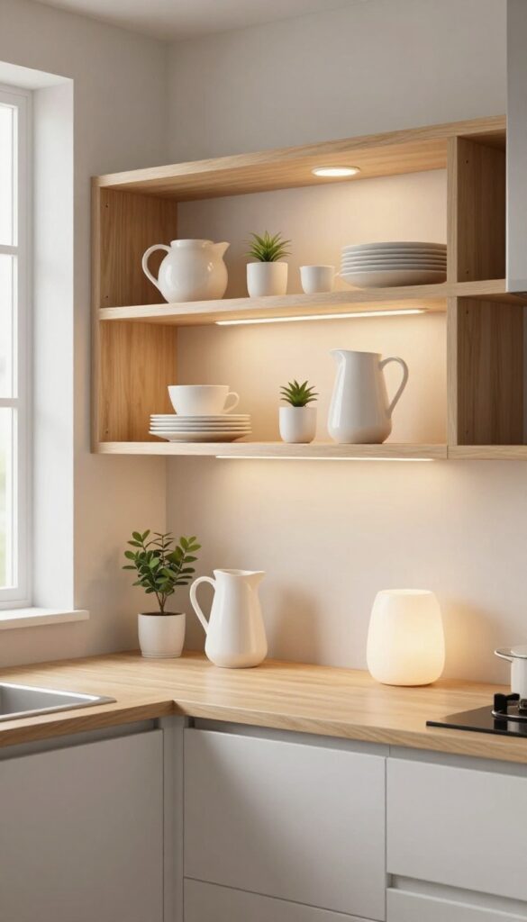 Under-shelf puck lights illuminating open shelving with dishes and plants in a small kitchen