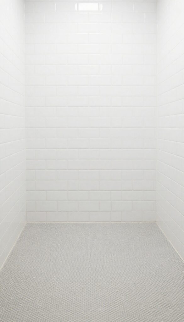 Shower interior with penny tile floor in soft gray and simple white subway tile walls, showcasing a balanced design with texture underfoot and calm vertical surfaces.