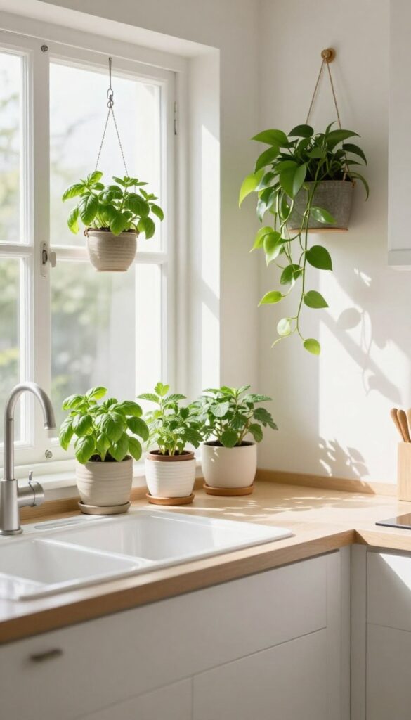 Small kitchen with windowsill herbs and hanging plants, bright natural light