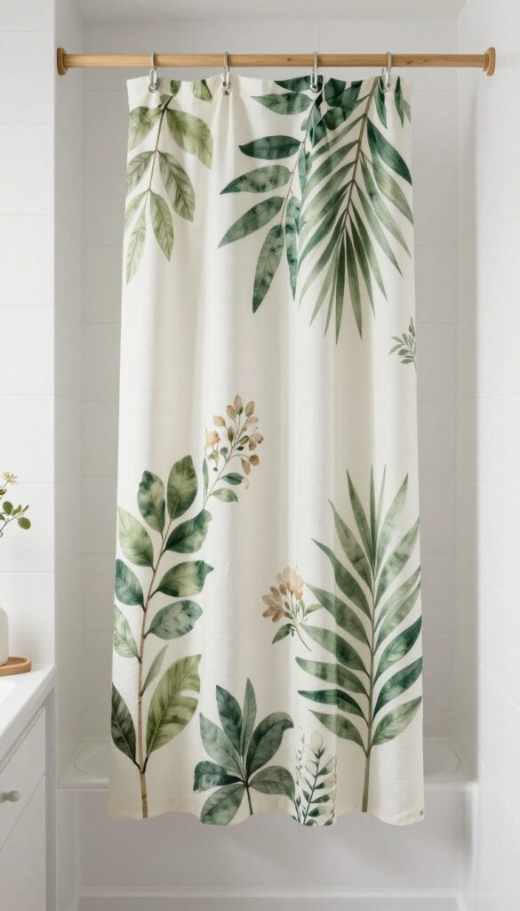 A modern bathroom shower curtain with botanical motifs in natural light, featuring green leaves and floral patterns against neutral tiles and bamboo accessories.