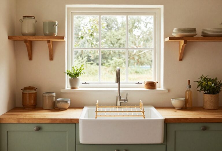 Warm cozy kitchen with wooden floating shelf and bamboo drying rack over farmhouse sink