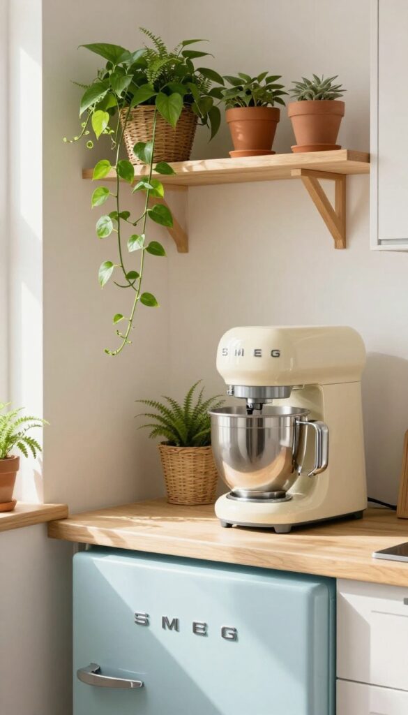 Kitchen with pastel blue Smeg refrigerator and cream stand mixer surrounded by trailing plants in terracotta pots on open shelves.
