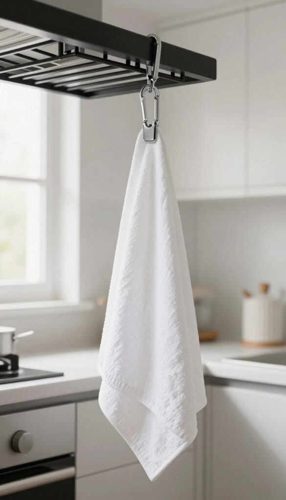 Kitchen towel hanging from a carabiner on a pot rack