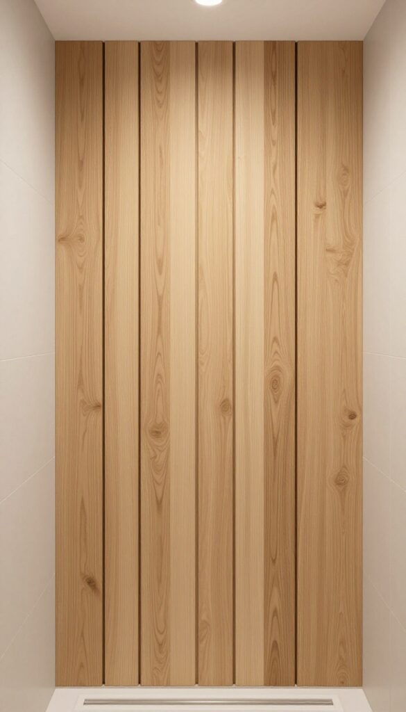 A knee wall shower with slatted wood panels in a light oak finish, showcasing a breathable and textured design in a bright bathroom with minimalist decor.