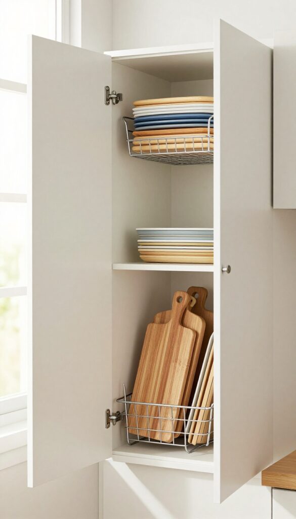 Open kitchen cabinet with a wire magazine holder holding cutting boards and baking sheets upright, organized and tidy.