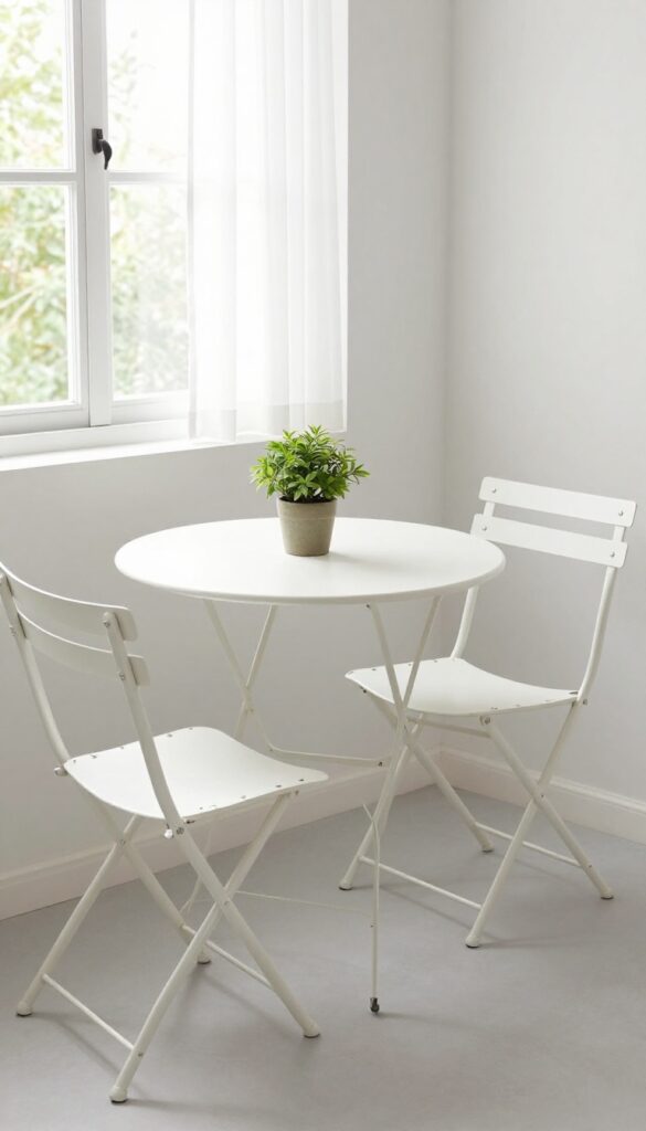 Small kitchen with folding bistro table and chairs near window