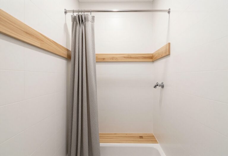 Stylish modern quadrant shower room with textured tiles, wood shelves, and soft lighting in a bright bathroom.