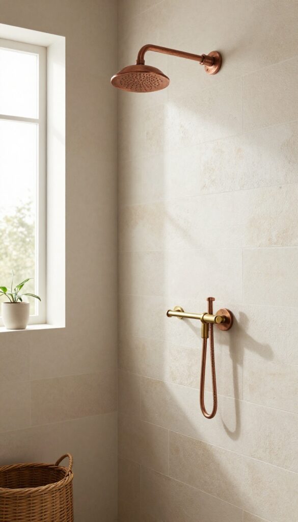 Copper showerhead in a rustic bathroom with natural light, neutral tiles, wood accents, and greenery for a warm, vintage-inspired look.