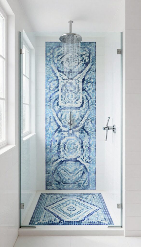 Custom mosaic shower base with geometric blue and white glass tiles, white subway tile walls, and frameless glass enclosure in bright natural light.