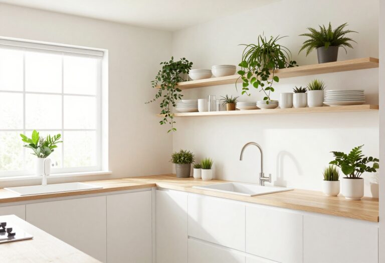 Bright kitchen corner with floating shelves displaying dishes and plants