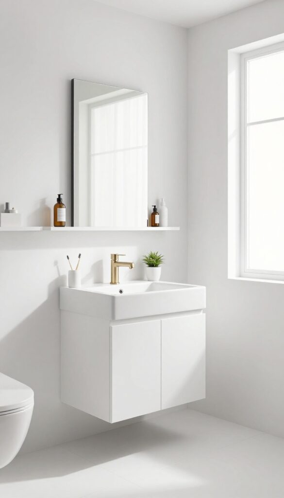 A mirror with built-in shelves in a modern bathroom, displaying daily essentials neatly to save space and reduce countertop clutter.