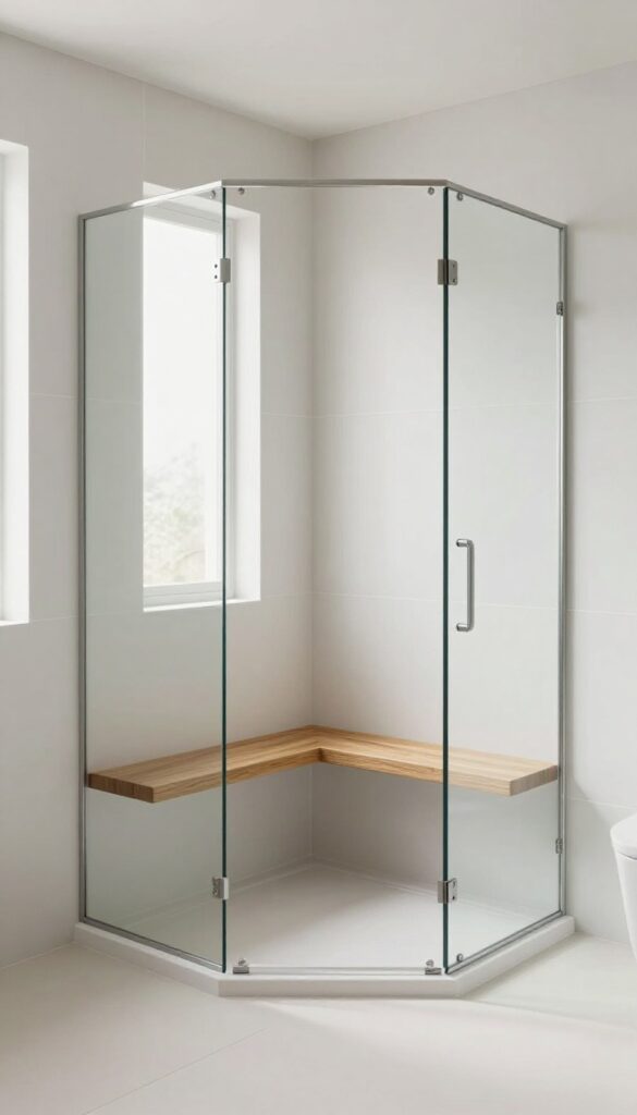 Corner glass shower with a built-in teak bench in a small bathroom, demonstrating smart storage and spa-like comfort with open glass walls.
