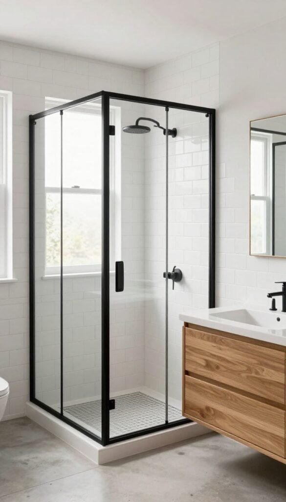 A bathroom with black-framed grid glass shower doors providing bold contrast against white tile and pale floors, featuring natural light and warm wood accents.
