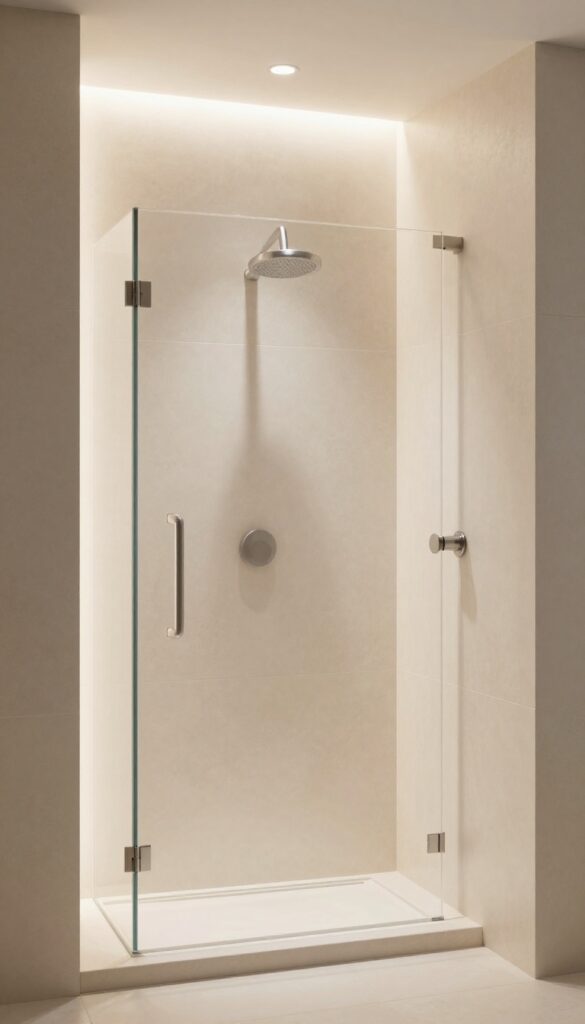 A small stand-up shower with soft LED lighting illuminating neutral tiles and stone surfaces, creating a calming and stylish ambiance suitable for home decor blogs.