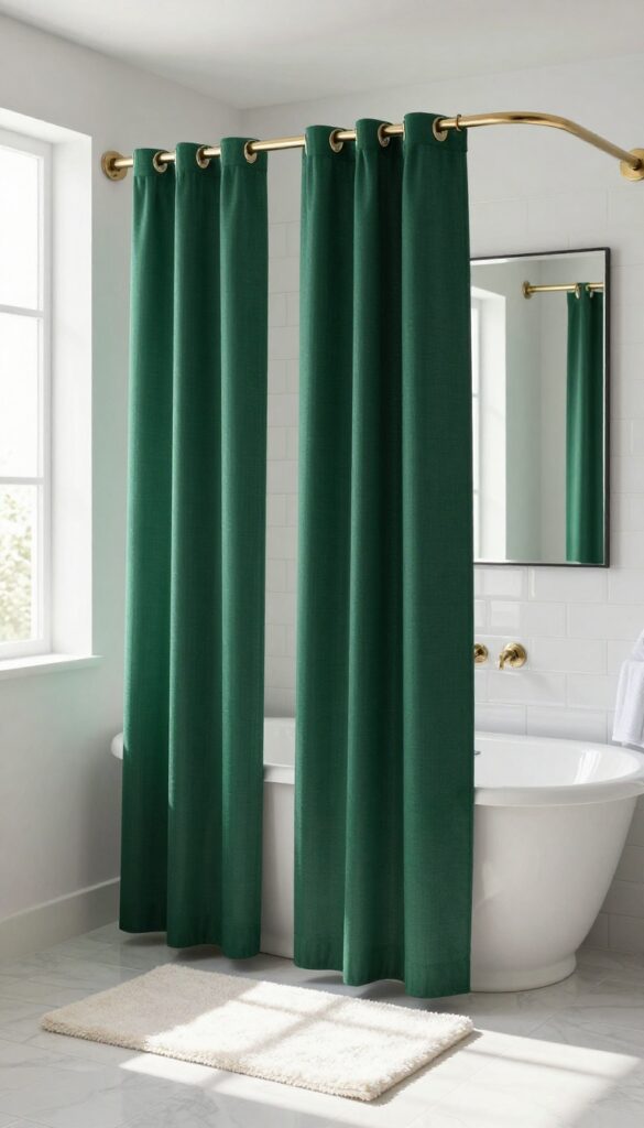 Modern bathroom with deep emerald green shower curtain, white towels, and natural light
