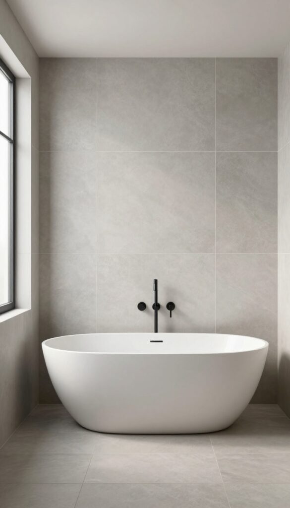 A bathroom with floor-to-ceiling gray tiles around a freestanding tub, featuring minimalist fixtures and natural light for a luxurious, cohesive look.