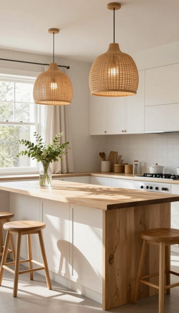 Neutral kitchen with rattan pendant light over island