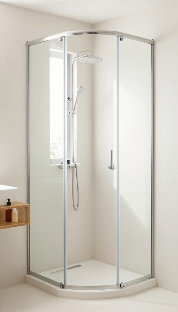 Corner shower door in a small bathroom with curved glass, light tiles, and minimalist design to maximize space.