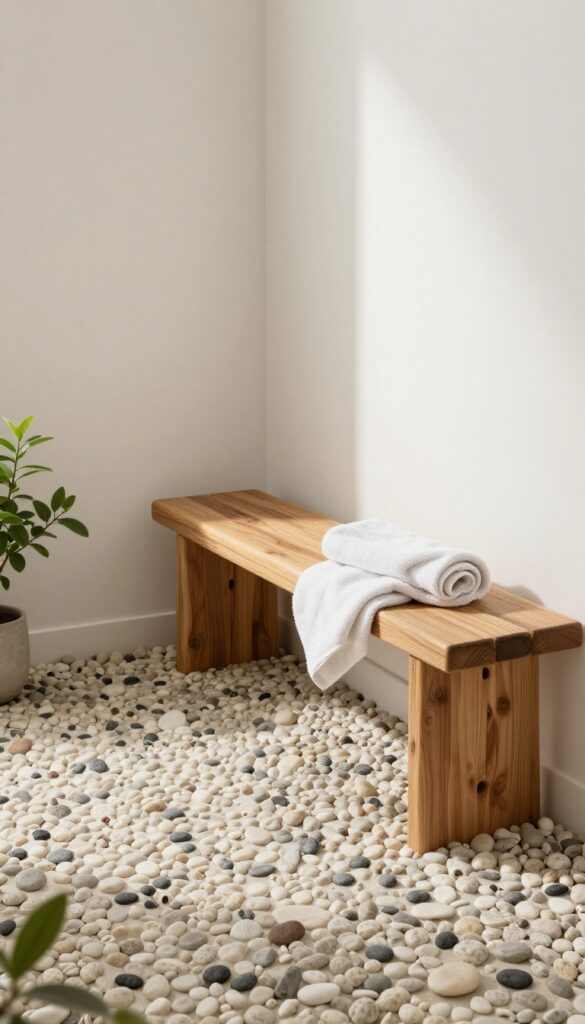 A rustic wooden bench on a pebble floor in a shower, with natural light and cozy accents like a towel and plant, evoking comfort and spa-like relaxation.