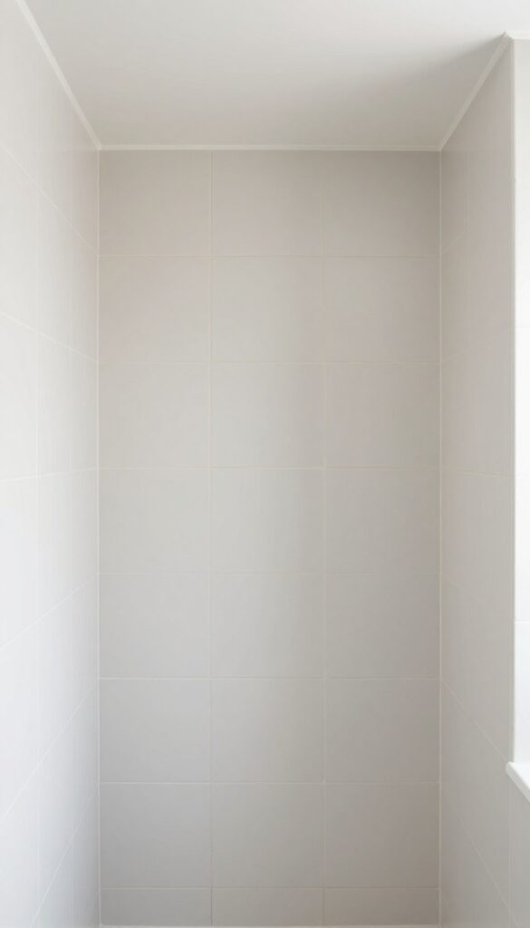 Small walk-in shower with tile running from floor to ceiling in a vertical stacked pattern, creating a tall and clean look in a bright bathroom setting.