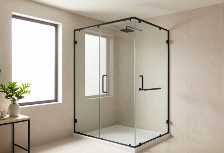 Modern small bathroom with frameless glass shower enclosure, warm tiles, and natural light