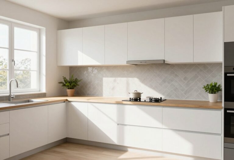 Kitchen with herringbone peel-and-stick tile backsplash in warm gray