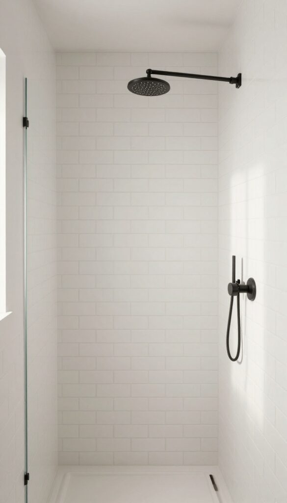A modern bathroom shower with large white subway tiles and matte black fixtures, showcasing a clean, minimalist design with minimal grout lines for a spacious feel.