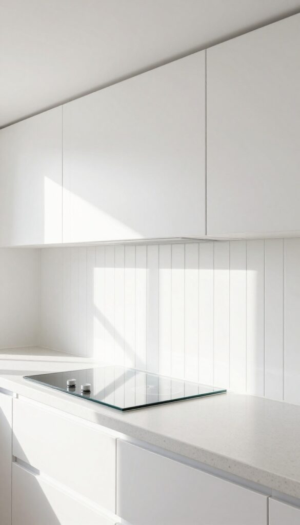 Bead board backsplash behind a glass cooktop in a bright kitchen with open shelving